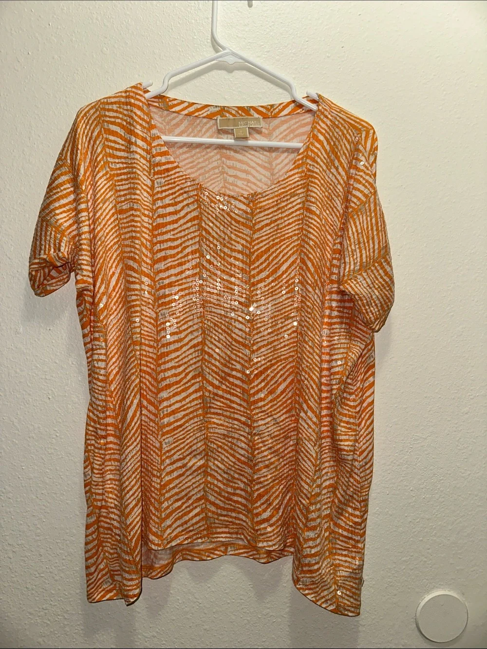 Michael Kors Orange and White Zebra-Print Short Sleeve Tunic with Sequin Detail